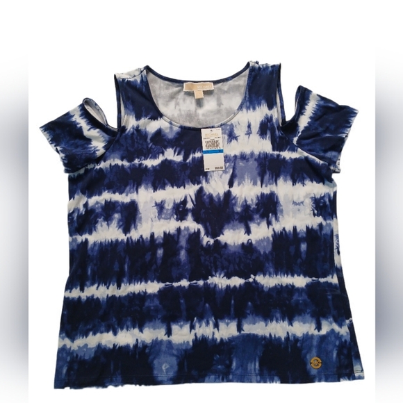 Michael Kors Blue and White Relaxed Cut Out T-Shirt - Picture 1 of 3